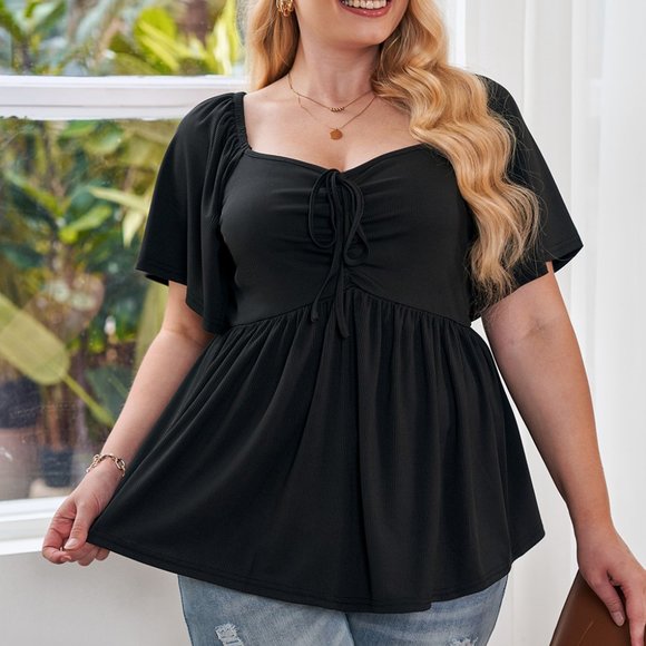 Black Plus Size Ruched Front Babydoll Top - Picture 15 of 16